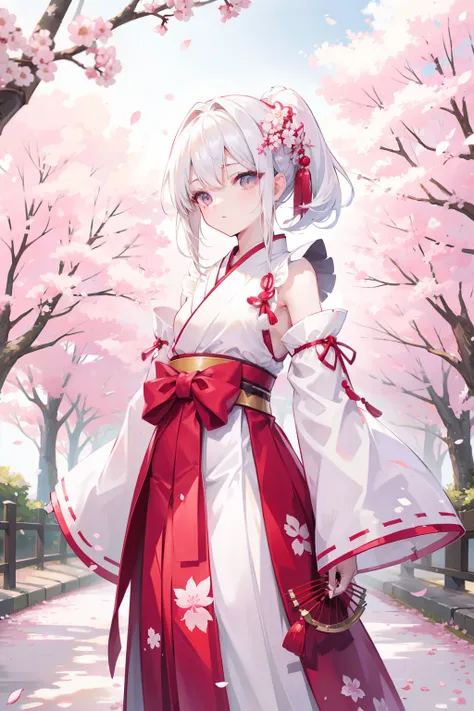 white  hair,Top image quality,teens girl,hime-cut,small tits,A path lined with flourishing cherry blossom trees,hakama,Small sleeves