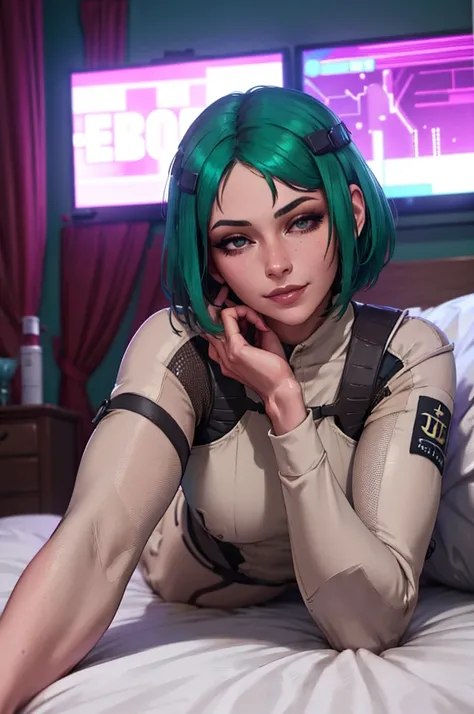 black bodysuit, partially unzipped, EGirlMakeup, science fiction, cyberpunk, seductive smile, looking at viewer, half-closed eyes, covering breasts, on bed, ela_(rainbow_six_siege), masterpiece, best quality, 1girl, solo, green hair, realistic, short hair,...