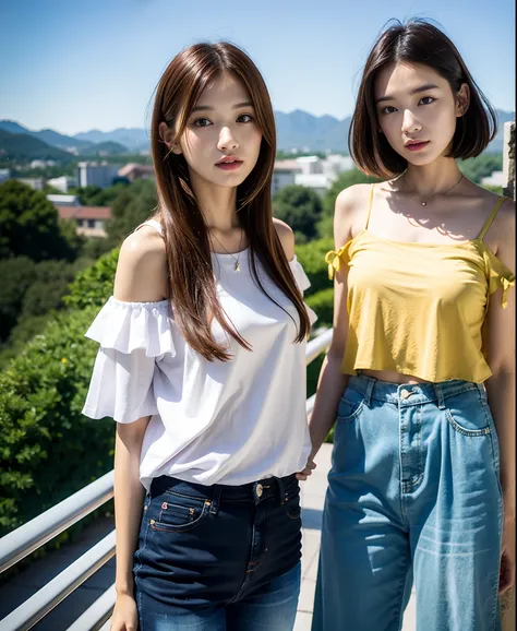 (​masterpiece), top-quality, 超A high resolution,Japanese teenage girl, You can see the beautiful mountain range,Japan girl standing on rooftop 、Short Bob、Light brown hair、highlights hair、 Fashionable dresses with off-the-shoulder,  Stunning daytime sky, 电影...