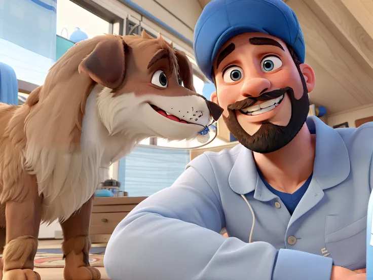 A thirty-three-year-old boy with a beard that looks like a good guy, com bigode, with blue cap ,sorrindo , sorrindo com os olhos, Tapered and middle nose. Com um cachorro filhote, caramelo