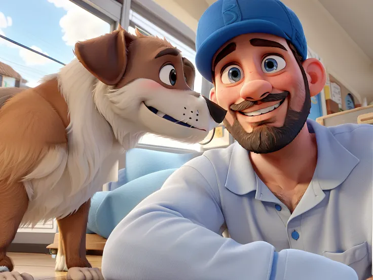 A thirty-three-year-old boy with a beard that looks like a good guy, com bigode, with blue cap ,sorrindo , sorrindo com os olhos, Tapered and middle nose. Com um cachorro filhote, caramelo