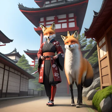 Japanese fox,half human,half robot, background japanese temple,4k realistic, standing, katana