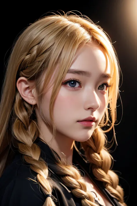 Anime, Face, Blonde and curly hair in braids, Black eyes, Long hair, (Black background), facial close-up、​masterpiece、top-quality、ultra-definition、hight resolution