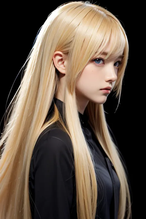 Anime, Face, Blonde hair, Black eyes, Long hair, Black background,