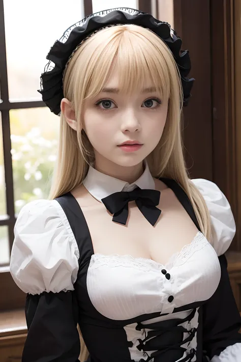 A girl,16 year old,blonde,(bangs bangs),pretty facemuscular arms,Maid, Gothic and Lolita