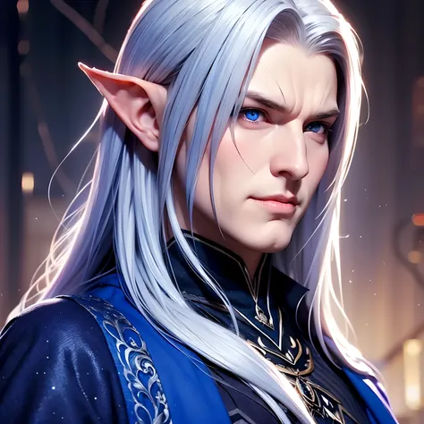 Man, masculine, boy, boy, male, white hair, long hair, blue eyes, evil, devilish smile, shining eyes, strong man, elf, serious expression, sexy