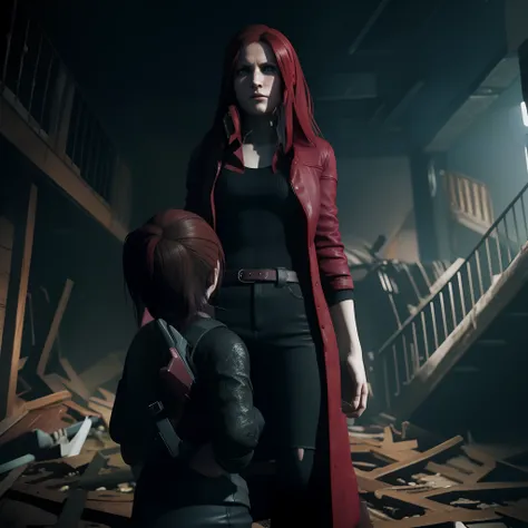 4K, HD, ((Claire Redfield 40 years old)), beautiful face, Sad expression, very long red hair, perfect Face, black jeans, red long coat with black t-shirt, red nail polish, friendly face, Glare, holding a gun