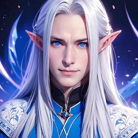 Male, man, young, boy, male, White hair, long hair, blue eyes, evil smile, evil, smile, elf