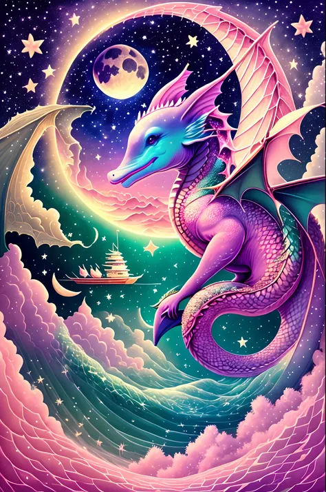 a dragon riding a dolphin on a pink ocean with moon and stars behind in the sky --auto --s2