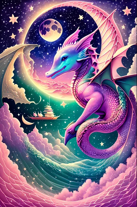 a dragon riding a dolphin on a pink ocean with moon and stars behind in the sky --auto --s2