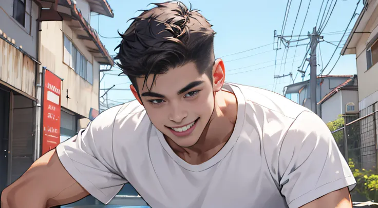 A boy replied with a smile，wearing white t-shirt