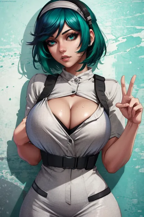 (masterpiece, best quality), intricate details, 1girl, hex maniac, boob sweat, cleavage, 1boy, grabbing breast, grabbing from behind, breast grab, covering pussy, peace sign, v, ela_(rainbow_six_siege), masterpiece, best quality, 1girl, solo, green hair, r...