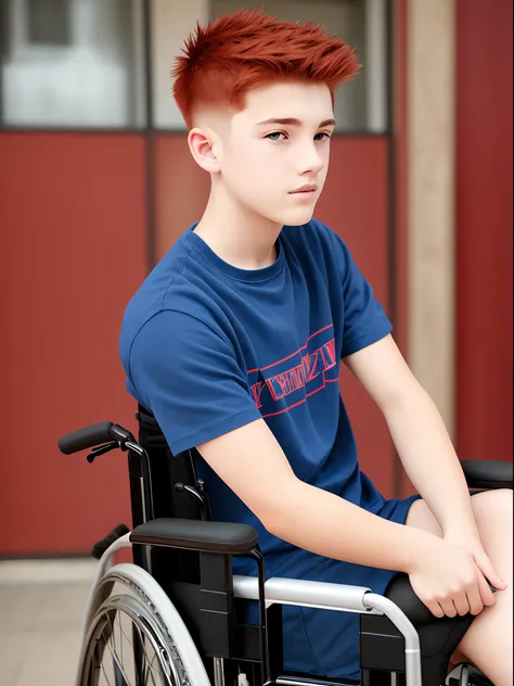 Red haired teenage male with undercut in a wheelchair