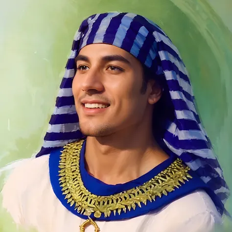 (biblical story,JOSEPH OF EGYPT,Hebrew man,handsome face:brown eyes:smiling),detailed beard,ancient clothing,standing confidently in palace,historic setting,richly textured oil painting,ultra-detailed brushwork:vivid colors:warm tones,soft natural lighting...