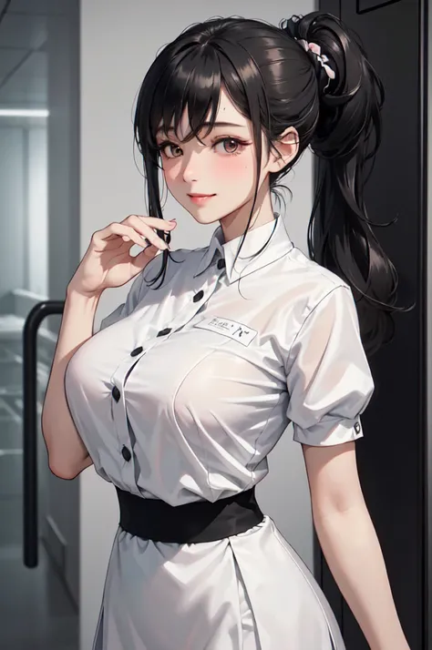 Indoor Hospital, 1 Female Soloner, /(Simple uniform/) /(Black medium hair/) Hair UP, blush gentle smile, (masterpiece best quality:1.3) Delicate illustrations ultra-detailed high resolution, Large breasts