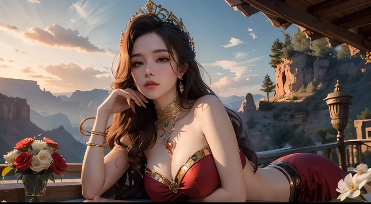 Sexy goddess,The facial features are extremely beautiful,body shape is slim,Sense of character,long leges,Bigchest,Red long-haired,curlies,Lie in the flowers,artistic pose,Grand Canyon in the background,rios,Strange sky,Singular clouds,Close-up after sunse...