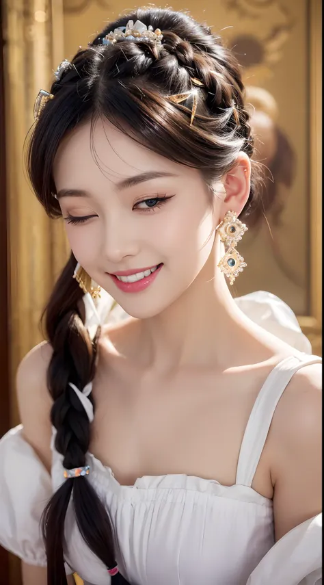 drill hair, braided ponytail, hairpin, hair ornament, maid headdress, multicolored eyes, one eye closed, crystal earrings, grin, high detail, rococo style, depth of field, sparkle, American propaganda poster, first-person view, 8k, super detail, UHD, 8k