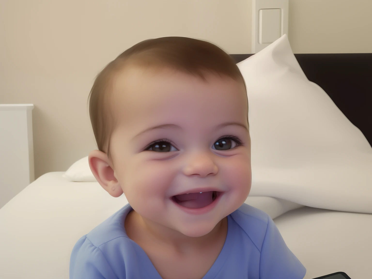 there is a baby sitting on a bed with a remote control, happily smiling at the camera, muito ligeiramente sorridente, muito bobo olhando, hes smiling, feliz com a boca aberta, olhando para a sua esquerda, smiling at camera, sorriso inquietante, sorrindo la...