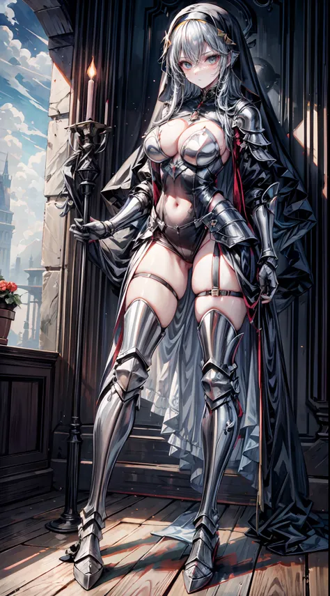 lewd nun，Wearing an iron mask and armor，（cabellos largos dorados），Wearing an iron mask and armor，Metal heels，Long face，Long face，Long face shape