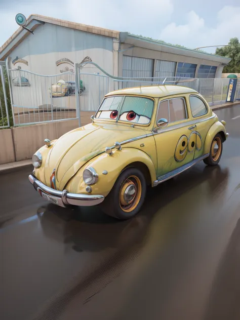 detalhado, cg, pixarcars, carro beatle, vehicle, pintura amarela, corpo amarelo, olhos verdes, 3d-rendering, pixar