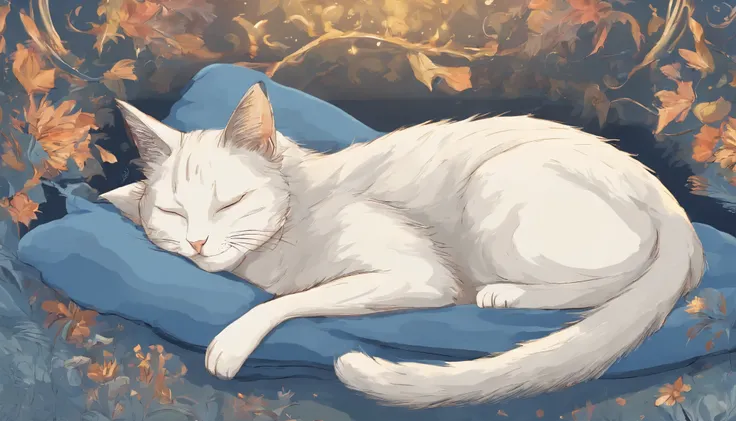 Light grey cat sleeping happily on a blue bed　Flooded with sunlight　Warm colors