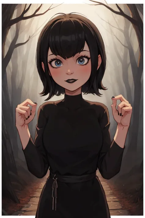 mavis, upper body, standing in woods, black lipstick, cute, black hair