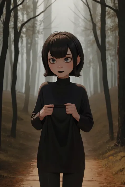 mavis, upper body, standing in woods, black lipstick, cute, black hair