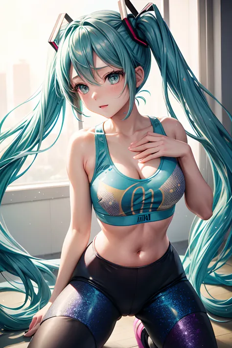 hatsune miku wearing galaxy printed leggings with a cameltoe, galaxy printed sports bra, cleavage, breasts, tight clothes, teen girl, cute, covered nipples