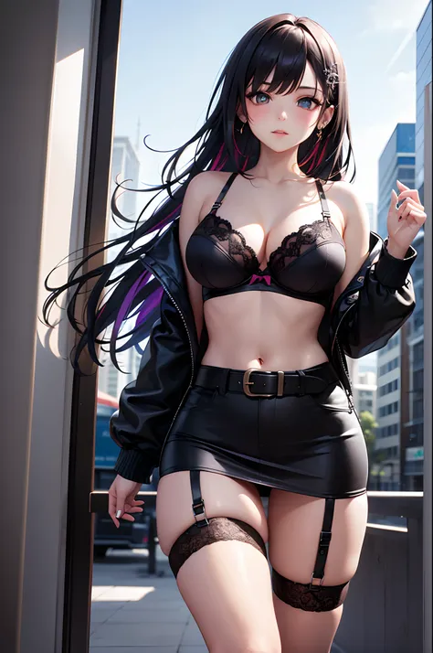 1girl, absurdres, high res, extremely detailed ultrasharp, 8K, masterpiece, city background, looking at viewer, human, thighs, breasts, big breasts, sideboob, long hair, multicolored hair, makeup, hair ornament, bra, open jacket, miniskirt, belt, garter st...