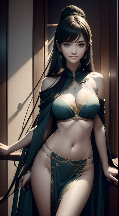 Full body photo,a beautiful female,Delicate jade feet,messy hair,teens girl,Symmetrical bun,hair adornments,jewelry,The face is delicate,eye shadows,Delicate cyan top,cropped shoulders,Crop topping,showing belly,Dunhuang style,Lots of streamers,Fine fine...