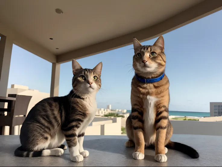 Intriguing cat with fashionable sunglasses lounging on the rooftop while enjoying a beach vacation. Astonishingly detailed eyes and face, with long eyelashes and intricate whiskers. The cat exudes an air of coolness and relaxation. The sunglasses are trend...