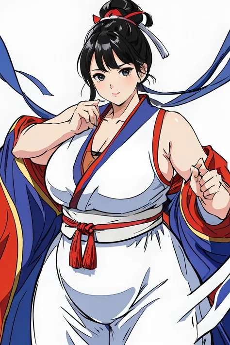 Generate a realistic image of a young sumo wrestler with the following characteristics: Very large, large bust, big belly, thick thighs, robust and heavy body. Her pose is challenging, looking at the opponent. The background of the image is white. The imag...