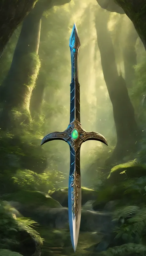 Excalibur, Delicate sleeves, The sword body is exquisite，well decorated,（((The blade of the sword is designed with a pattern in the form of blue opal and light green particle effects..：1.3))), Se, (The sword body is symmetrically decorated:1.3), (The entir...