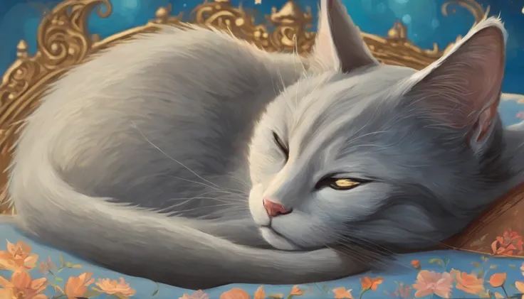 Light grey cat sleeping happily on a blue bed 　Flooded with sunlight　Warm colors