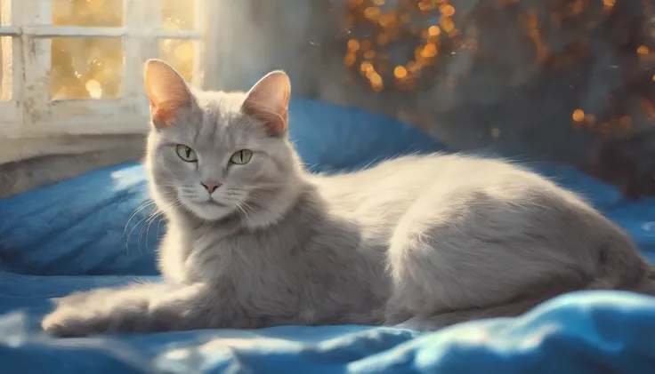 Light grey cat sleeping happily on a blue bed 　Flooded with sunlight　Warm colors