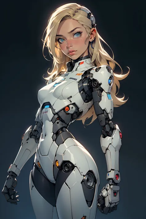 high quality, 4k, masterpiece, beautiful, cyborg girl, cowboy shot, dull eyes, looking at viewer, long blonde hair, girl, small breasts, thick thigh, robotic arms, robotic body, cyborg body, intricate detail, joint, detailed lines, robotic detail, holding ...