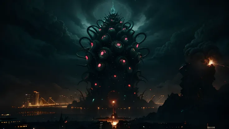 Elder god destroying city, sprouting tentacles, impaling people, high resolution, 8k