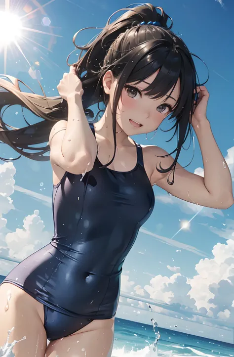 (masutepiece:1.2), (Best Quality:1.2), hyper detailed illustration，beautiful artwork，(Extreme Detail CG Unity 8K wallpaper、​masterpiece、top-quality)、(exquisite lighting and shadow、highly dramatic picture、cinematic lens effects)、Young woman on the beach，swi...