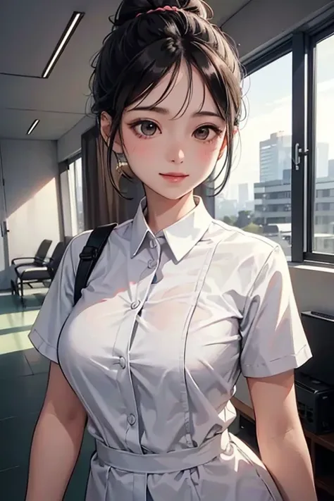 Indoor Hospital, 1 Female Soloner, /(Simple uniform/) /(Black medium hair/) Hair UP, blush gentle smile, (masterpiece best quality:1.3) Delicate illustrations ultra-detailed high resolution, Large breasts