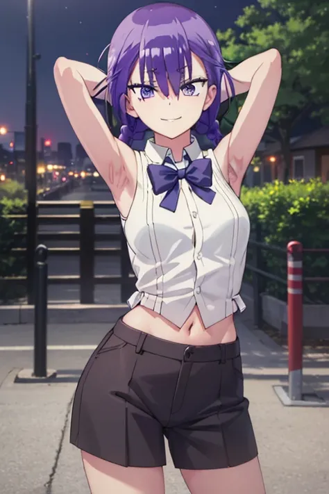 (extremely detailed CG unity 8k wallpaper), (masterpiece), (best quality), (ultra-detailed), (best illustration), (best shadow), (absurdres), 1girl, solo, kominami asumi, shirt, sleeveless, bowtie, purple bowtie, hair between eyes, looking at viewer, smile...