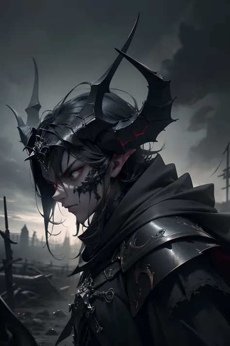 best quality,4k,highres,masterpiece:1.2, ultra-detailed, realistic:1.37, dark art, portraits, eerie atmosphere, mysterious lighting, terrifying presence, menacing armor, grim expression, sinister eyes, twisted horns, sharp sword, ominous cloak, dark clouds...