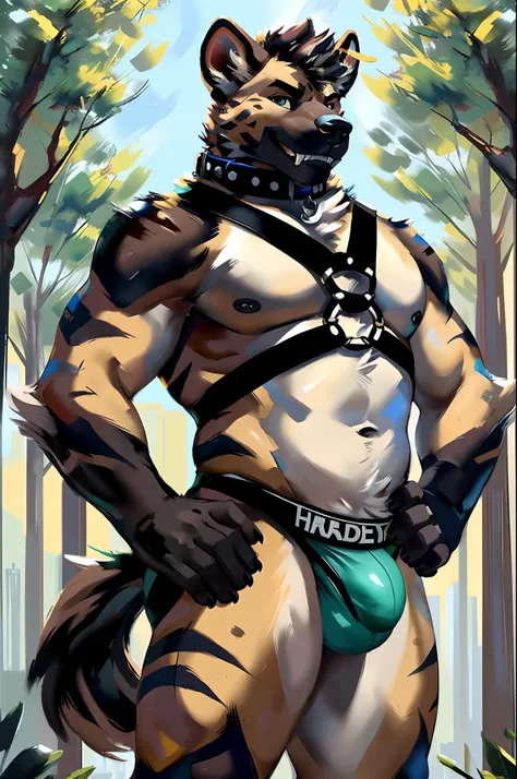 Male, solo, anthro, hyena, detailed hands, forest, well drawn hands, ((jockstrap)), ((harness)), ((dog collar)), teeth, fangs, white teeth, dilf, daddy, father figure, mature male, furred body, pecs, ((standing)), ((hands on hips)), ((very detailed bulge))...