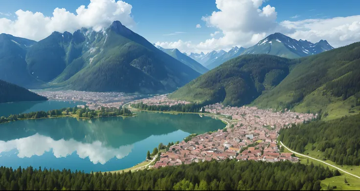 lake image. village on the edge of the lake. dense forest. mountains in the forest. looks real. realistic. a little cloud. taken with a camera