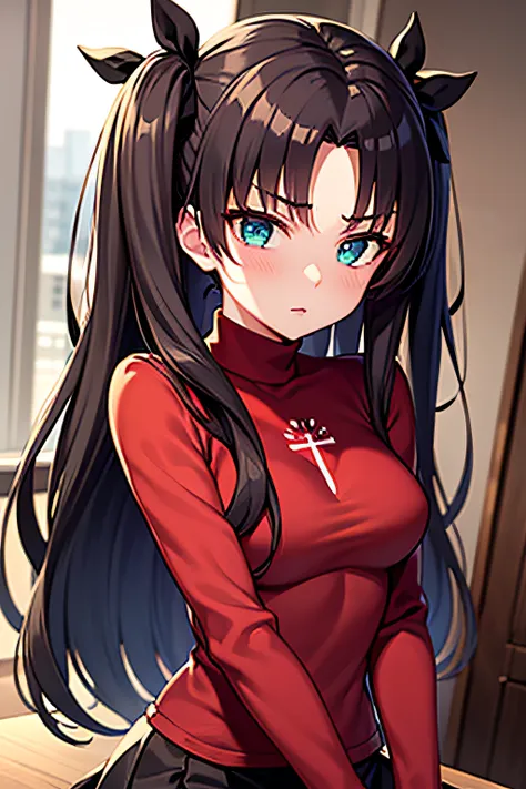 (masterpiece), best quality, expressive eyes, perfect face, 1girl, solo, rintohsaka, rin tohsaka, aqua eyes, black hair, hair ribbon, long hair, ribbon, sidelocks, two side up, black skirt, black thighhighs, long sleeves, miniskirt, pleated skirt, ((red sw...