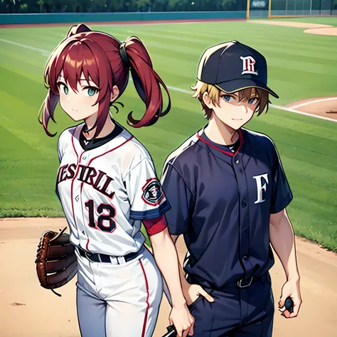 baseball field　Baseball Uniform Cosplay　pitcher　femele　Longhaire　red hairs