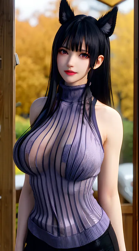 1girll, bangs, Bare shoulders, Black hair, Black sweater, Blunt bangs, Bra, Closed mouth, Depth of field, hime-cut, Huge breasts, Lips, Long hair, view the viewer, Moles under the mouth, Autumn cool wheat, Purple eyes, ribbed sweater, See-through, Sleevele...