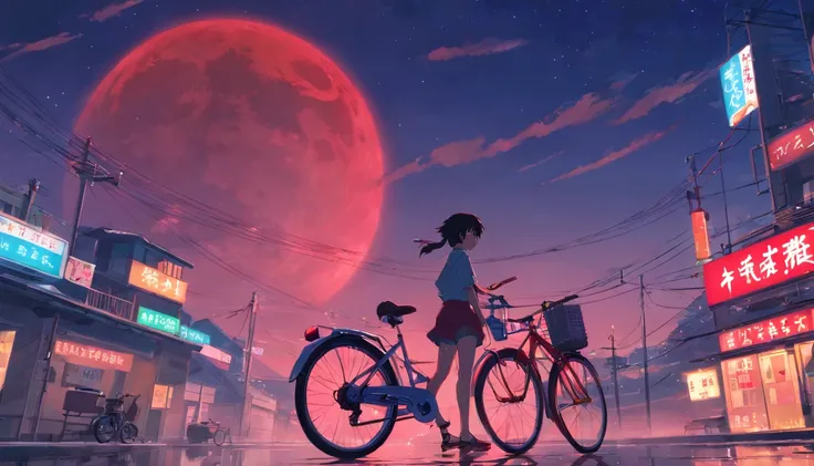 Red Moon、Bloody river、dark sky、One leg、rides a bike