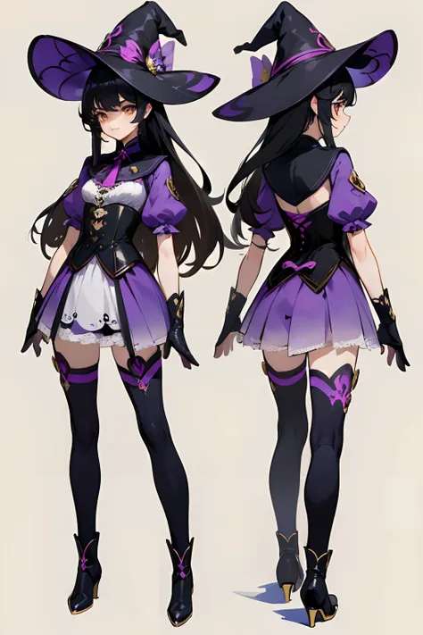 ((masterpiece)),(((best quality))),(((highly detailed))), (Character design sheet, same character, same outfit, ""main front view, side view, back view ""), illustration, 1 girl in, long black hair, golden eyes, genshin impact style, purple magical girl st...