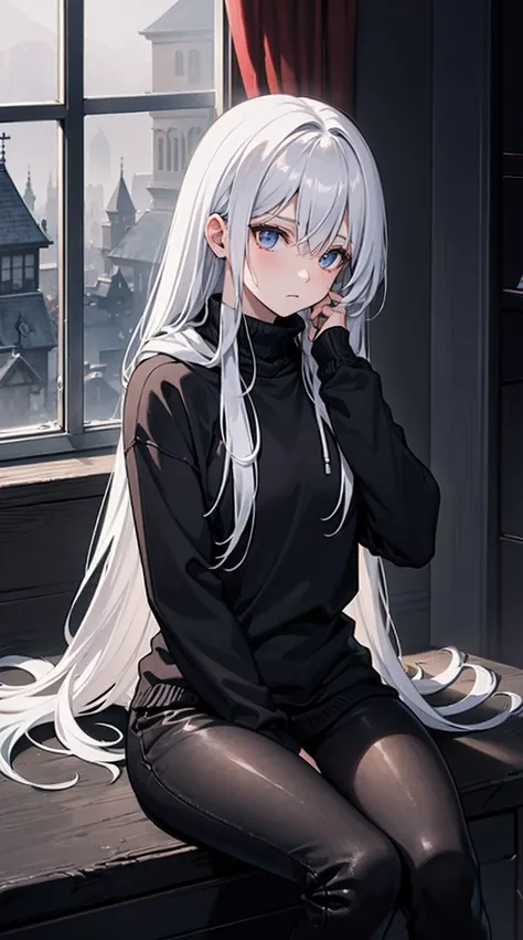 A gothic girl sits alone in a dimly lit room, her melancholic expression accentuated by the somber atmosphere. She wears a cozy sweater with a hoodie that partially obscures her face, and her attire consists of black soggy pants that amplify the air of des...