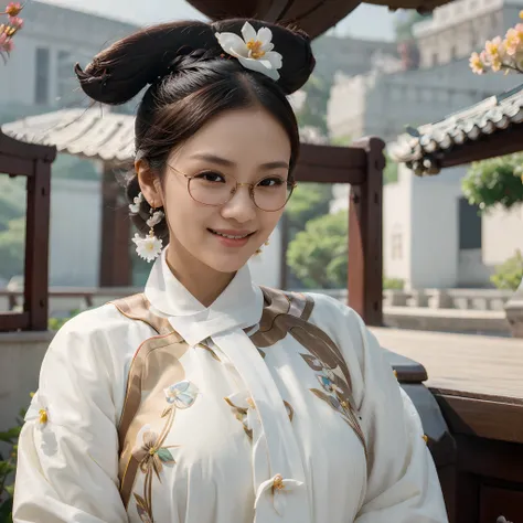 close up asian woman smiling wearing rounded eyeglass -9 in a white dress with a flower in her hair, chinese style, chinese woman, 60mm portrait, palace ，